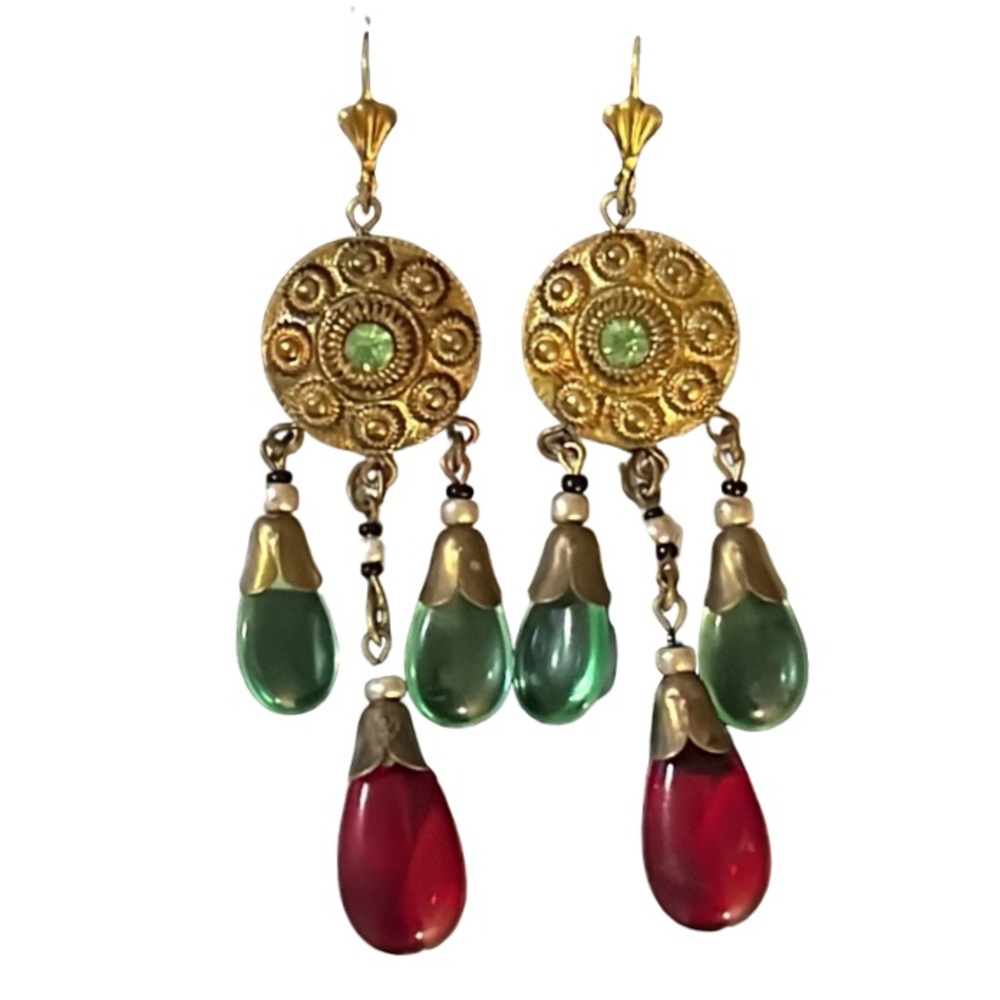 Antique Art Nouveau Boho Gold, Red & Green Czech Glass Chandelier Earrings